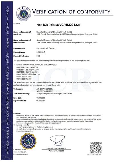 Qualified Certification for Electrostatic Air Cleaners